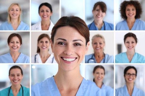 Collage of hospital nurses and medical professionals smiling. Concept of hospitality and excellent