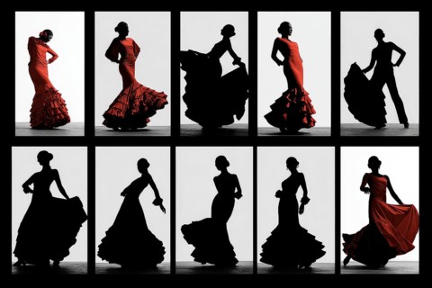 Collage of flamenco dancers. Passionate spanish music, AI generated