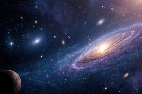 Collage of galaxies nebulas and cosmos space, AI generated