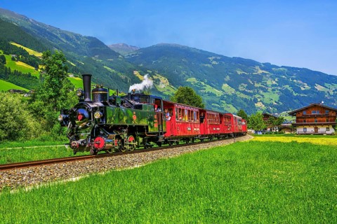 Historic Zillertal railway with steam locomotive, Zillertal, Zillertal Alps, Tyrol, Austria