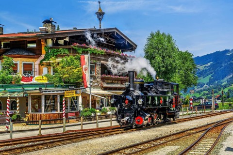 Steam locomotive of the historic Zillertal railway, Mayrhofen, Zillertal, Zillertal Alps, Tyrol,