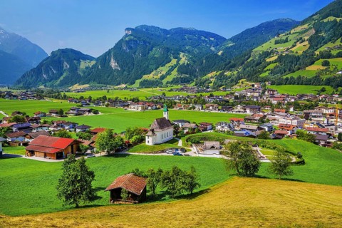 View of the village and valley, Hippach, Zillertal, Zillertal Alps, Tyrol, Austria