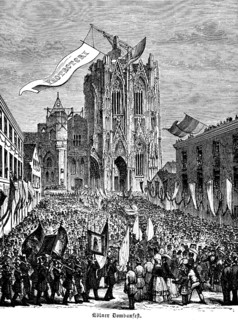 Cologne Cathedral and Cathedral Building Festival of 1880, public festival, crowd, flags,