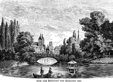 View of Düsseldorf from the Hofgarten park, lake with rowing boat, man, woman, duck house, bridge,