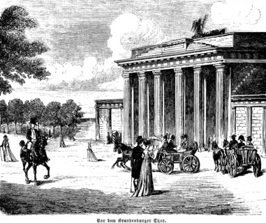 Brandenburg Tor in Berlin, horse-drawn carriages, riders, walkers, Germany, historical illustration