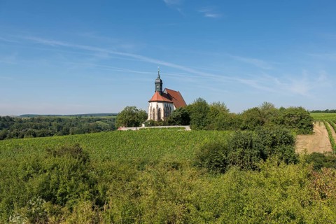 Pilgrimage church Maria im Weingarten, stands in a picturesque setting, surrounded by green hills