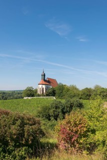 The pilgrimage church Maria im Weingarten, enthroned on a hill, is surrounded by green vineyards