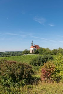 Picturesque view of the pilgrimage church Maria im Weingarten, on a hill, surrounded by lush