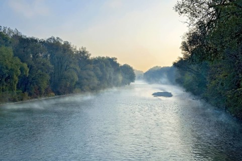 River Isar in the morning fog shortly in front of sunrise, twilight, blue hour, nature reserve