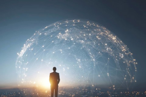Businessman standing in front of the illuminated globe that shows light interconnections over the