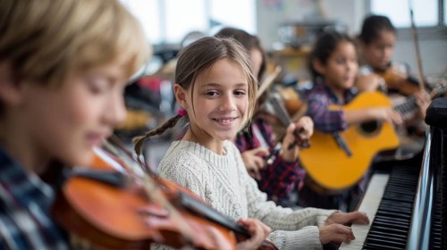 Diverse children paying musical instrument and learning music at music school, AI generated