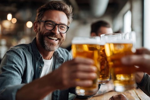 Cheerful man and his friends toast with beer while gathering in bar for the celebration event, AI