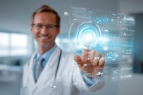 Doctor touching a medical interface in the hospital. Concept of new medical technologies and