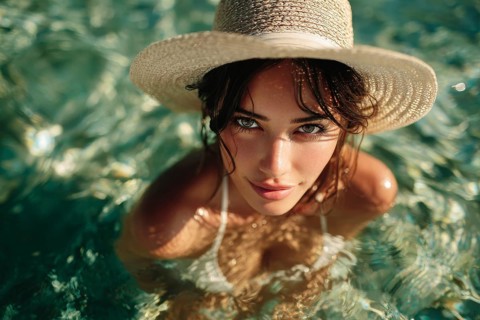 Caucasian model going into clear ocean water on summer vacation, AI generated