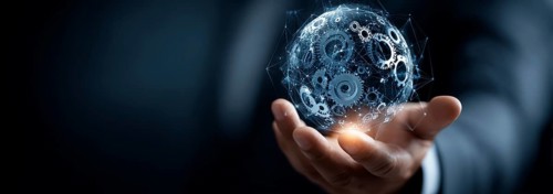 Businessman holding a digital sphere with global network and gears icons on a dark blue background,