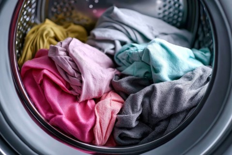 Dirty clothes in a laundry machine being washed and dried, AI generated