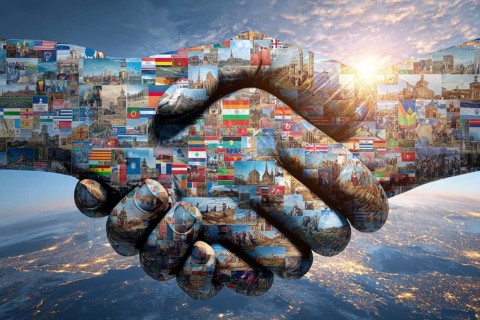 Collage and culture and business cooperation between governments. Shaking hands covered in
