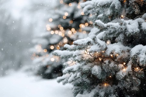 Christmas background. Xmas tree with snow decorated with garland lights, holiday festive