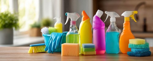Cleaning set with products and tools on kitchen table, AI generated