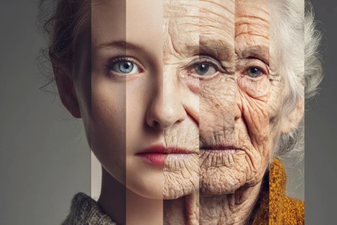 Collage of a face of the same person aging from young to old, AI generated