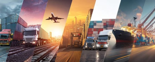 Collage international interconnected transportation businesses.Global trade and commerce of
