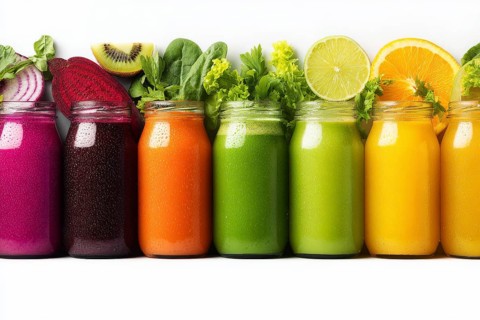 Collage healthy organic juices that improve digestion health and heart health, AI generated