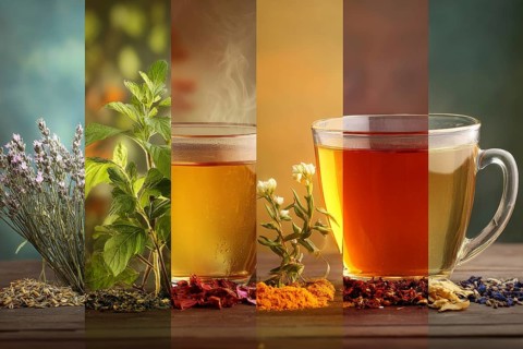 Collage healthy organic tea and healthy drinks, AI generated