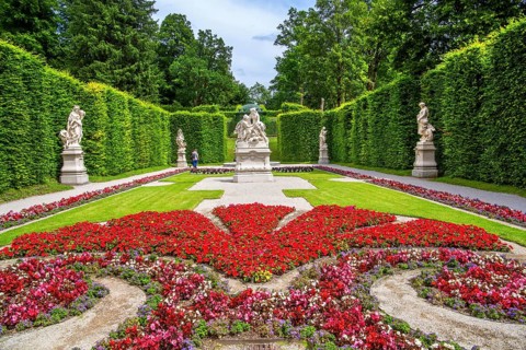 Baroque garden parterre on the east side of Linderhof Palace, Ettal, Ammertal, Upper Bavaria,