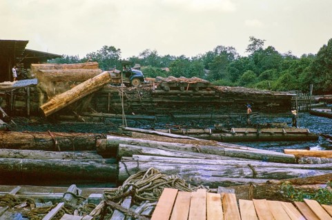 Timber lorry at East Johore Sawmills, Johor Bahru, Malaysia, Southeast Asia c 1963