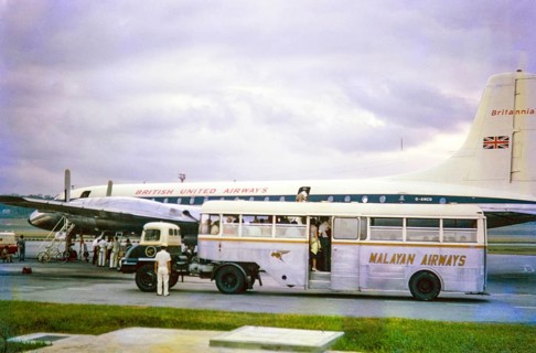 British United Airways (BUA) aeroplane, Bristol Britannia turboprop airliner, Malayan Airways Bus,