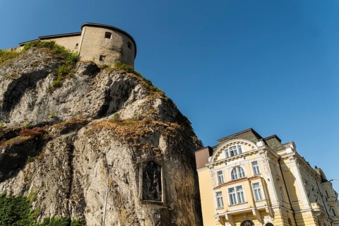 Hotel Elizabeth with relief by Jan Jiskra on the castle hill in Trencin, Capital of Culture 2026,