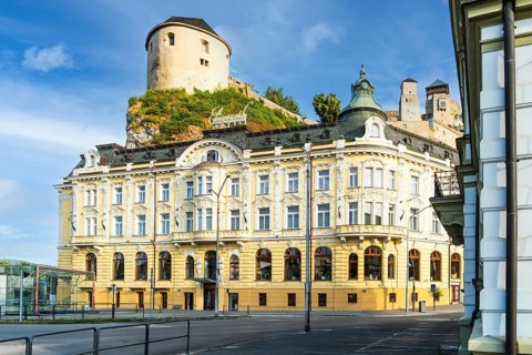 Hotel Elizabeth with the castle in Trencin in the background, Capital of Culture 2026, Trencín,