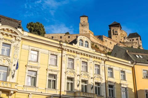 Hotel Elizabeth with Trencin Castle in the background, Capital of Culture 2026, Trencín, Slovakia