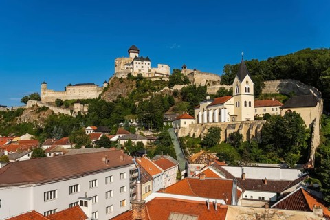 View of Trencín Castle, St Mary's Castle and the old town centre from the town tower, Capital of