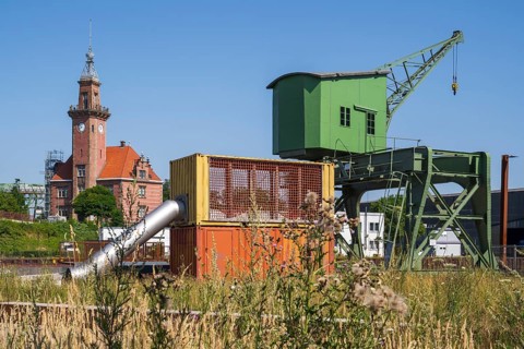 Historic crane and old harbour office, harbour, Dortmund, Ruhr area, North Rhine-Westphalia,