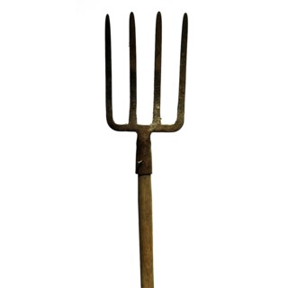 A metal fork with four sharp prongs stands upright against a plain white background. The wooden