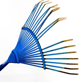 A bright blue rake with elongated tines is showcased against a neutral backdrop, emphasizing its