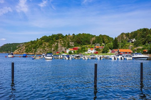 Coastal landscape with housing estate and marina in Henan, Orust, Bohuslän, Västra Götalands län,