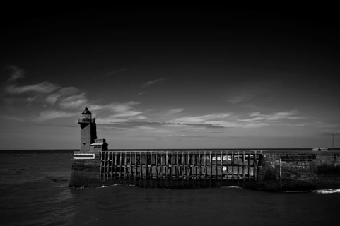 Sea, lighthouse Feu de la jetée Sud, lighthouse, black and white, harbour entrance, pier, Fécamp,