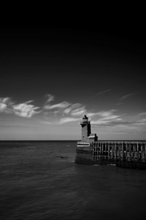 Sea, lighthouse Feu de la jetée Sud, lighthouse, black and white, harbour entrance, pier, Fécamp,