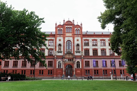 Main building of the University of Rostock, Renaissance façade with terracotta chimney, Rostock,