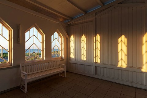 Concert garden Kühlungsborn-West, evening sun shining through the window, architecture in the style