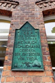 Plaque in the birthplace of Heinrich Schliemann, discoverer of Troy, Neubukow, district of Rostock,