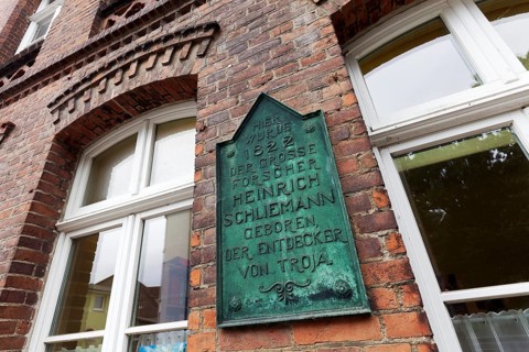 Plaque in the birthplace of Heinrich Schliemann, discoverer of Troy, Neubukow, district of Rostock,