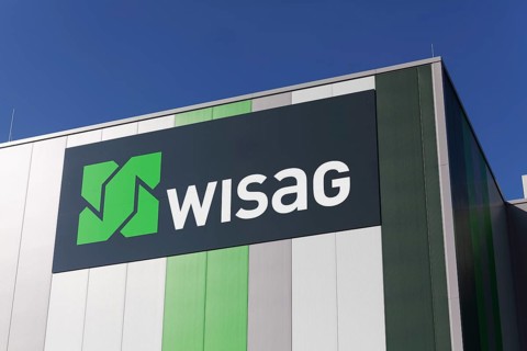 WISAG, logo on industrial building, service company for building technology and infrastructure,