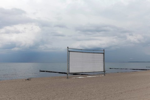 Kühlungsborn beach cinema, cinema screen on the beach, cloudy sky, Baltic Sea, Mecklenburg-Western