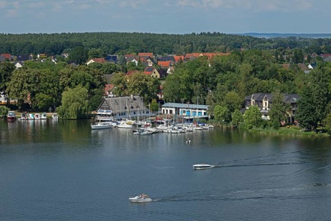 View from the tower of St Mary's Church, boats, houses, marina, Müritz, lake, trees, Röbel, Müritz,