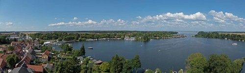 Panoramic view from the tower of St Mary's Church, Photomerge, Müritz, lake, boats, boathouses,