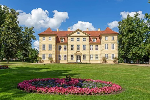 Castle, flower bed, castle island, Mirow, Mecklenburg Lake District, Mecklenburg-Western Pomerania,