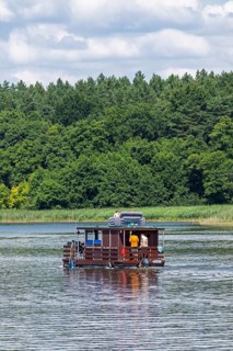 Houseboat, Zotzensee, Mecklenburg Lake District, Mecklenburg-Western Pomerania, Germany
